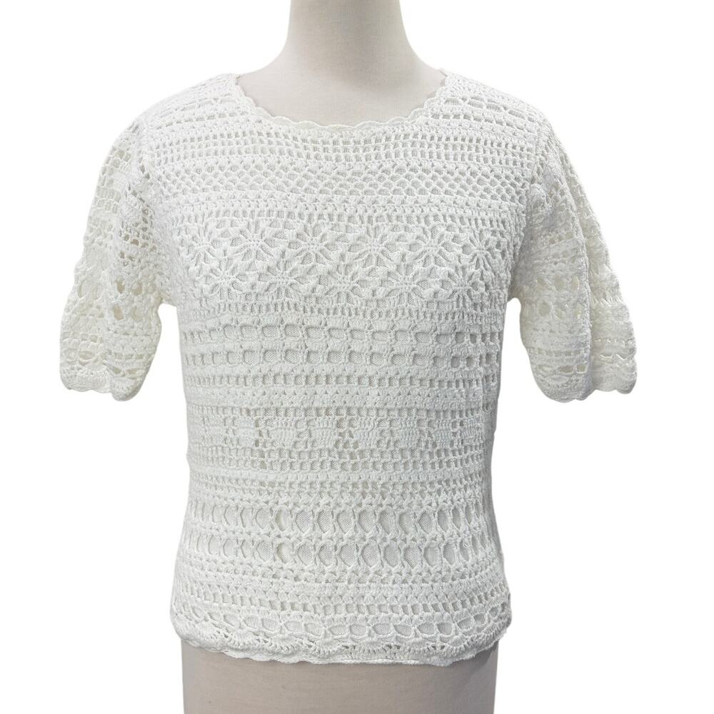 Hampshire Studio Size M Petite Sweater Vintage Crochet Short Sleeve Top Cottage